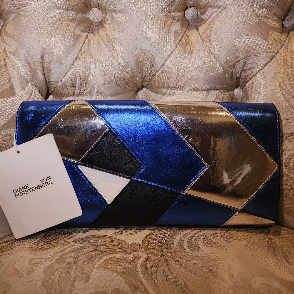 Diane von Furstenberg Blue and Silver Clutch - Picture 1 of 5